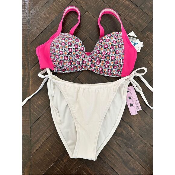 Lands End Pink White and Orange Bikini Top Size 4 Wild Fable Bottoms Size Medium - Picture 1 of 5
